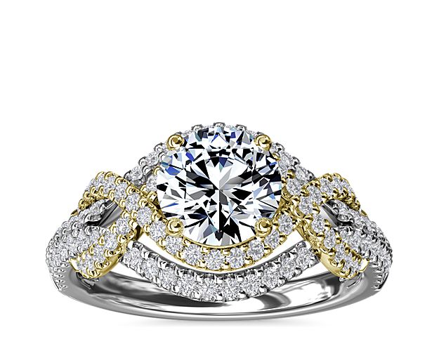 Two-Tone Intertwined Double Halo Diamond Engagement Ring in 14k White and Yellow Gold (1/2 ct. tw.)