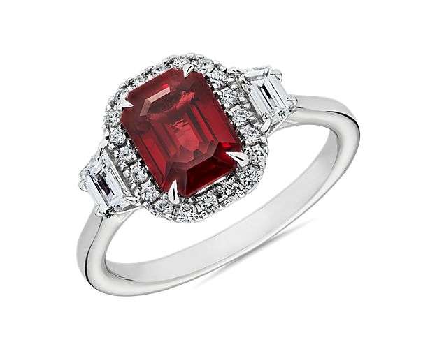 Extraordinary Collection: Emerald Cut Ruby and Trapezoid Diamond Ring in 18k White Gold