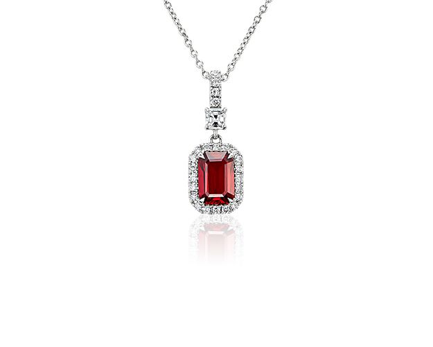 Extraordinary Collection: Emerald Cut Ruby and Diamond Drop Pendant in 18K White Gold (1.48 ct.tw.)