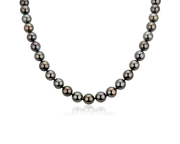 Lustrous and decadent, this pearl necklace showcases Tahitian cultured pearls, on a 18 inch length necklace, finished with a 18k white gold clasp.