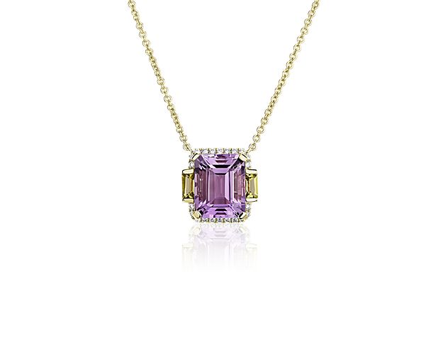 Complementary tones and a delicate cable chain make this pendant necklace an ideal accent for contemporary celebrations. It features baguette-cut peridots and pavé diamonds surrounding a luminous Rose de France amethyst, all set into radiant 14k yellow gold.