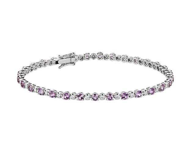 This delicate bracelet features beautiful pink sapphires alternating with brilliant diamonds in a symphony of sparkle. The 14k white gold design promises a luxurious gleam, and is elegantly simple to showcase the stones.