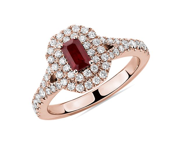 Emerald Cut Ruby and Diamond Double Halo Ring in 14k Rose Gold (5x3mm)