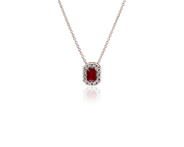 With all elements in perfect harmony, this pendant is a truly brilliant combination of sparkling diamonds, on-trend rose gold, and radiant ruby.