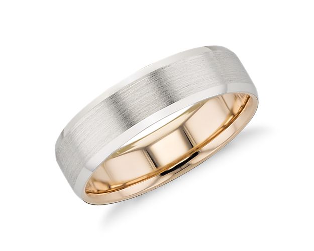 Solidify your love with this platinum and 18k rose gold wedding ring, showcasing a two-tone interior accent and a brushed finish.
