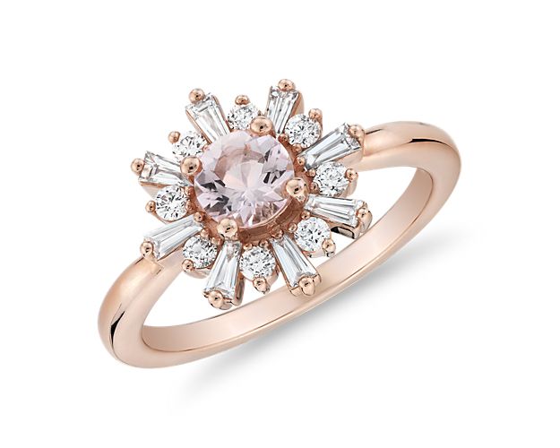 Featuring a pink-hued morganite center stone encircled by a halo of sparkling baguette and round-cut diamonds, this 14k rose gold ring is a fantastic expression of feminine chic. Due to this ring's delicate nature, we do not recommend for daily wear and are unable to resize or repair.