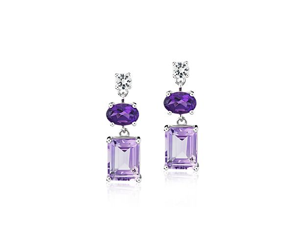 Rose de France, Amethyst, and White Sapphire Mixed Shape Drop Earrings in Sterling Silver
