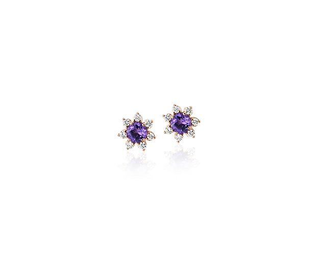 Each of these eye-catching 14k rose gold stud earrings feature a single amethyst surrounded by a blossom halo of brilliant diamonds for a look that’s both colorful and chic.