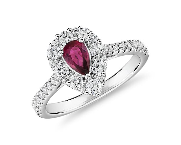 Pear-Shaped Ruby Ring with Diamond Halo in 14k White Gold (6x4mm)