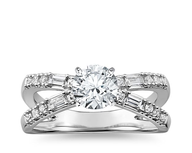 Dot Dash Split Shank Diamond Engagement Ring in 14k White Gold