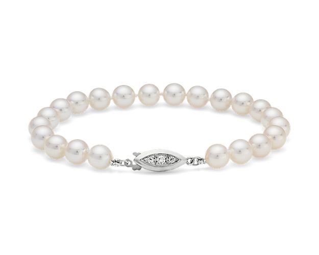 Our highest-quality Akoya cultured pearls are strung securely on a hand-knotted silk cord. The bracelet is secured with an 18k white gold safety clasp accented with three pavé-set diamonds.