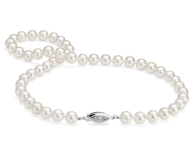 Our highest-quality Akoya cultured pearls are selected from the top 1% of the annual supply. This strand is strung securely on a 18" hand-knotted silk cord. An individual Certificate of Authenticity is included with every piece by our Blue Nile gemologists ensuring that our pearls meet the highest quality and value expectations.