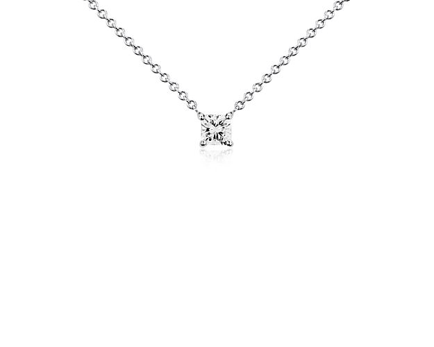 Beautifully brilliant, this diamond pendant features a cushion cut diamond set in 14k white gold suspended on a cable chain necklace.
