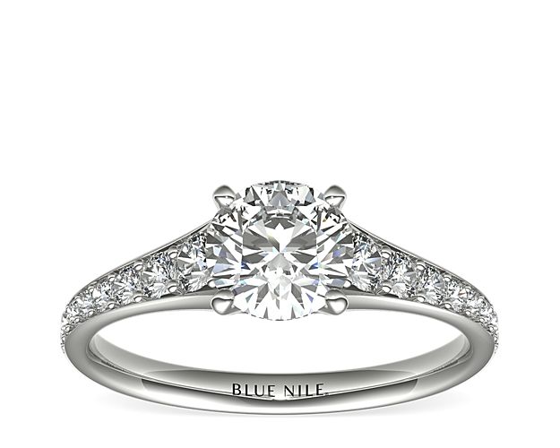 Select your diamond of choice for this diamond engagement ring setting crafted in 14k white gold. Setting includes 1/3 carat total diamond weight.