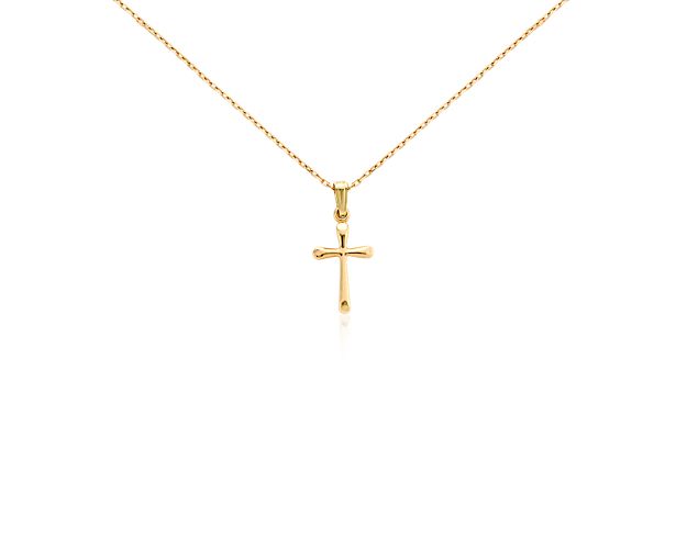 This children's cross pendant makes a beautiful, meaningful gift. The demure cross is crafted in glowing 14k yellow gold with subtle rounded edges, and suspends from a delicate matching cable chain.