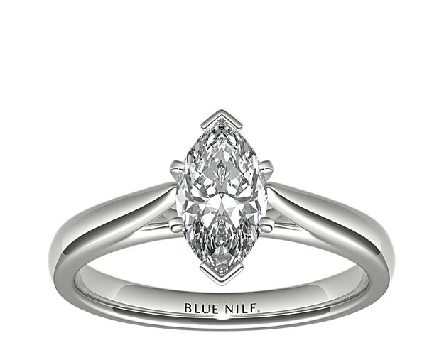 Tapered Cathedral Solitaire Engagement Ring in 14k White Gold