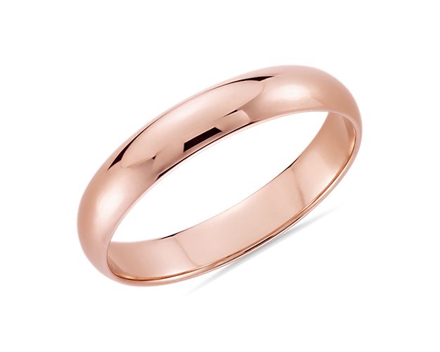 This classic 14 rose gold wedding ring will be a lifelong essential. The light overall weight of this style, its classic 4mm width, and low profile aesthetic make it perfect for everyday wear. The high polished finish and goes-with-anything styling are a timeless design.