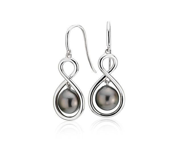 Lustrous, iridescent black Tahitian pearls dangle from the bottom loop of a sterling silver infinity symbol, making these versatile earrings ideal for casual and fancier looks.