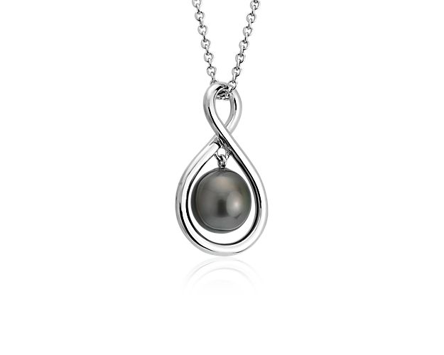 Simple and elegant, this Tahitian cultured pearl infinity pendant is a versatile addition to any jewelry collection. A lustrous black Tahitian pearl is suspended from within the sterling silver infinity drop, and hangs from a classic matching cable chain.