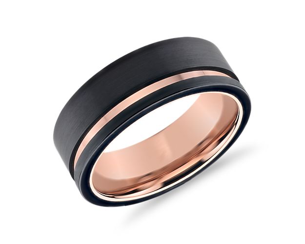 Truly modern in design, this brushed black tungsten wedding band is embellished with an asymmetrical and polished rose-colored inlay for a contemporary look.
