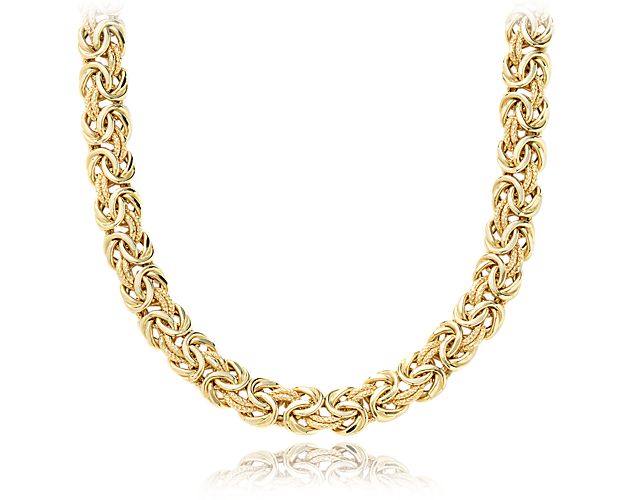 Voluminous yet lightweight, our classic 20" Byzantine necklace is crafted in gleaming 18k Italian yellow gold. Alternating textured and polished, hollow links lie flat and form a distinctive, historically-inspired pattern.