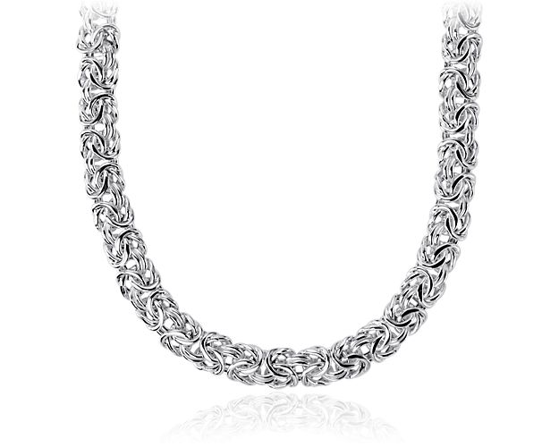 Recalling the richness of a bygone era, our classic Byzantine necklace is crafted to be both voluminous and lightweight with highly polished, Italian hollow sterling silver links intricately woven in a distinctive pattern. The necklace lays flat for comfortable wear and features a sturdy clasp for security.