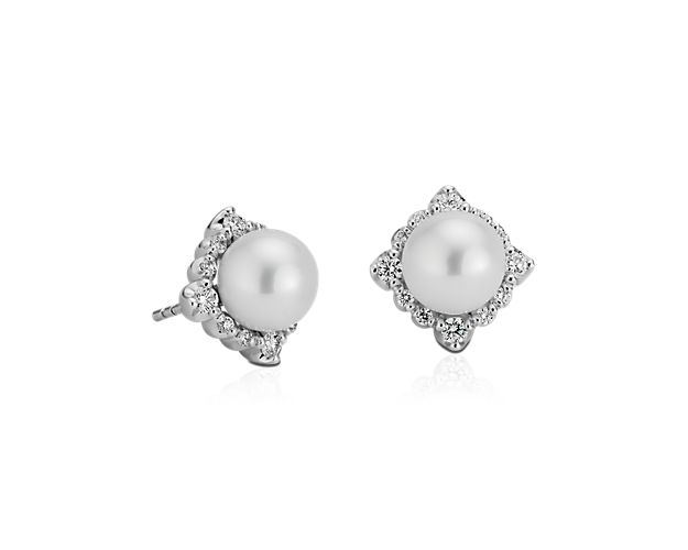 Vintage-Inspired Freshwater Cultured Pearl Diamond Halo Earrings in 14k White Gold (7-7.5mm)