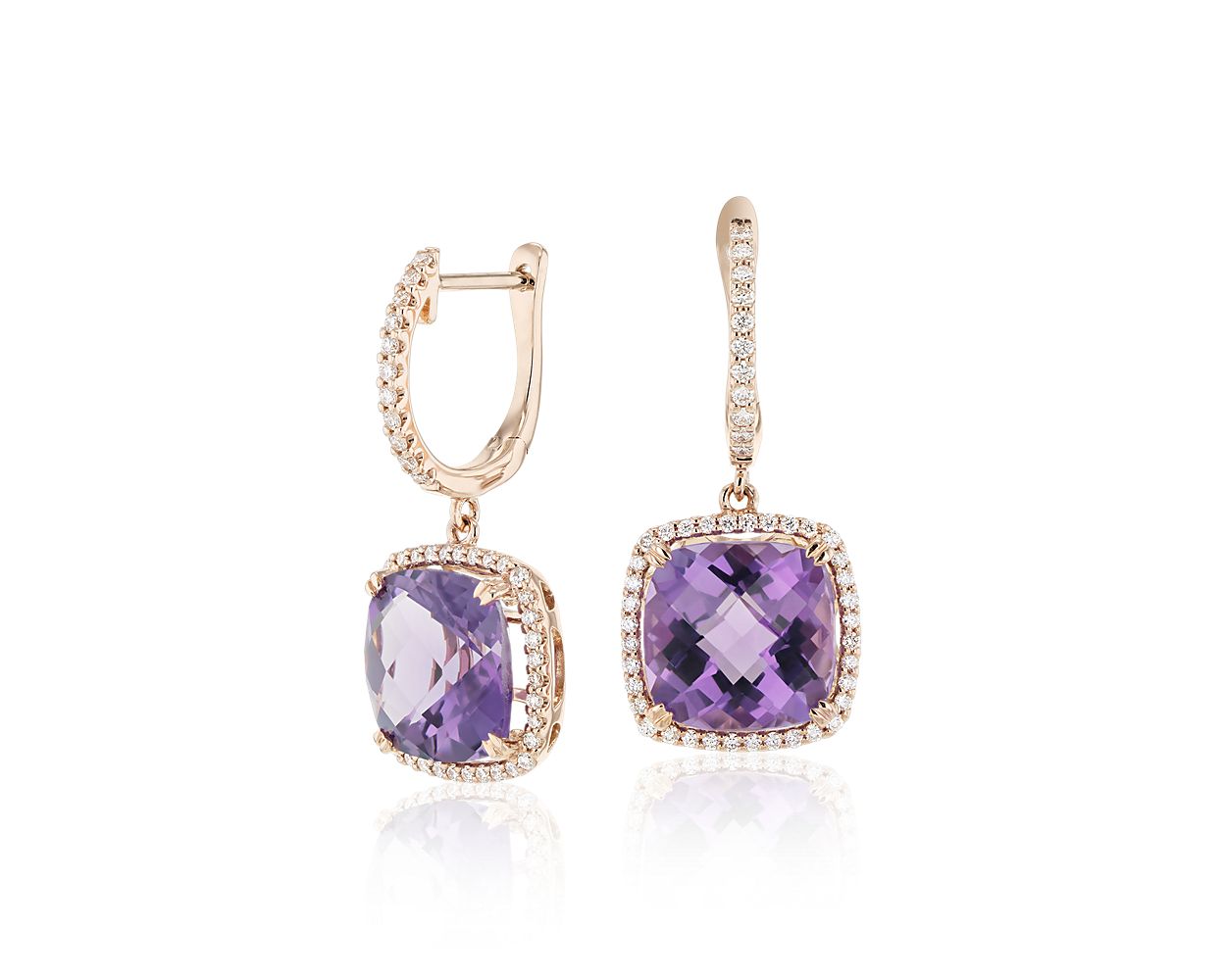 Cushion Cut Amethyst and Diamond Halo Drop Earrings in 14k Rose Gold (9mm)