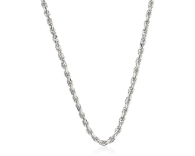 This finely made 14k white gold 24" rope chain is perfect to use with pendants or own its own.