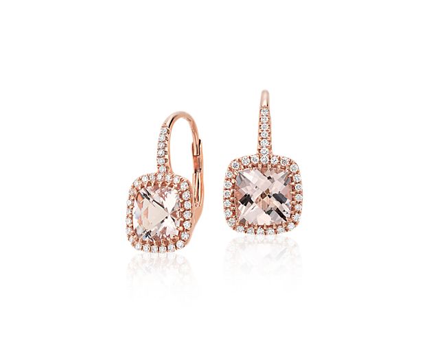 Make any ensemble shine even brighter with these cushion morganite gemstone earrings, surrounded by a shimmering halo of round diamonds and set in 14k rose gold.
