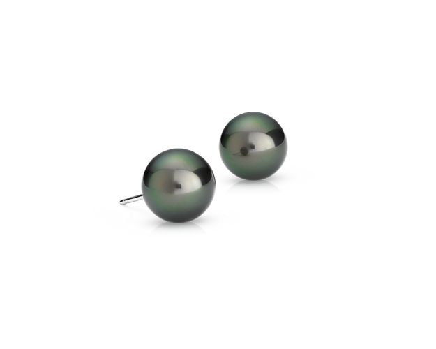 Each earring holds a rare, black, Tahitian cultured pearls mounted on 18k white gold posts with push backs for pierced ears.