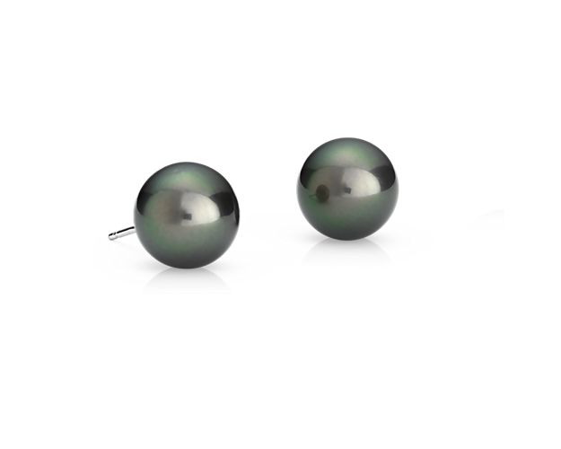 Each earring holds a rare, black, Tahitian cultured pearl mounted on 18k white gold posts.
