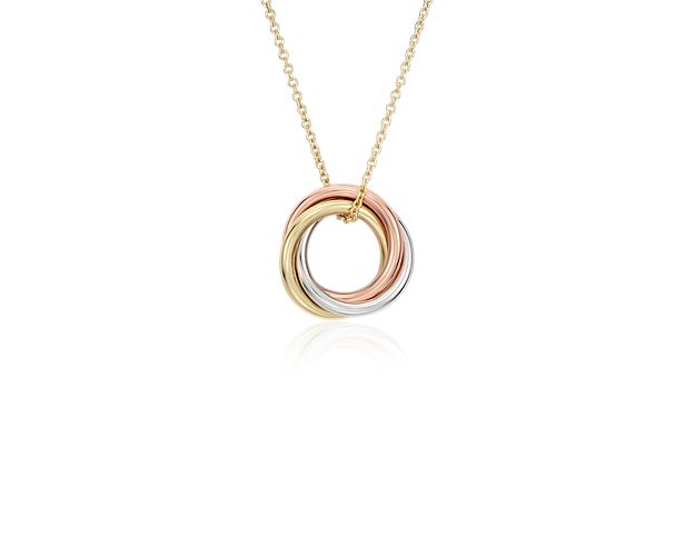 A delicate statement, this petite infinity rings pendant features three intertwined rings crafted of lightweight, polished tubing in 14k yellow, white, and rose gold for a look that's made to go wherever you go.