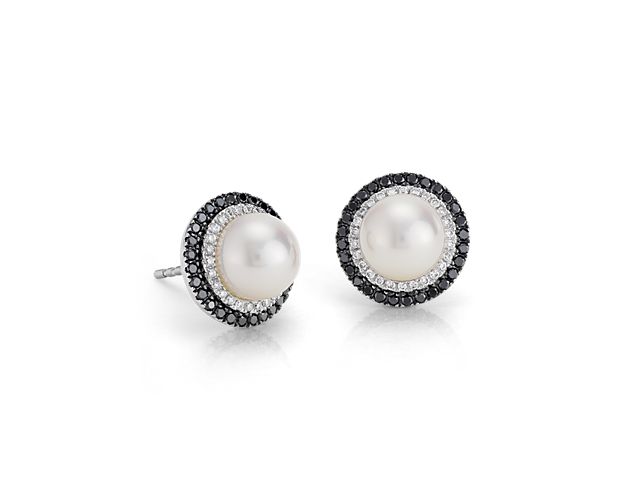 Freshwater Cultured Pearl and Diamond Stud Earrings in 14k White Gold (7mm)