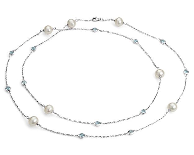 Freshwater Cultured Pearl Necklace with Blue Topaz in Sterling Silver  - 37" (8.5mm)