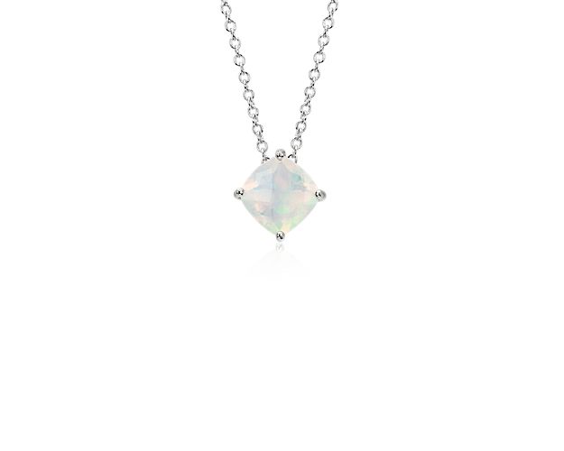 This gemstone pendant features a bright opal set in a sterling silver four-prong setting suspended from a dainty 18-inch cable chain with a 16-inch jump ring. A classic piece of everyday luxury and is the birthstone for October.