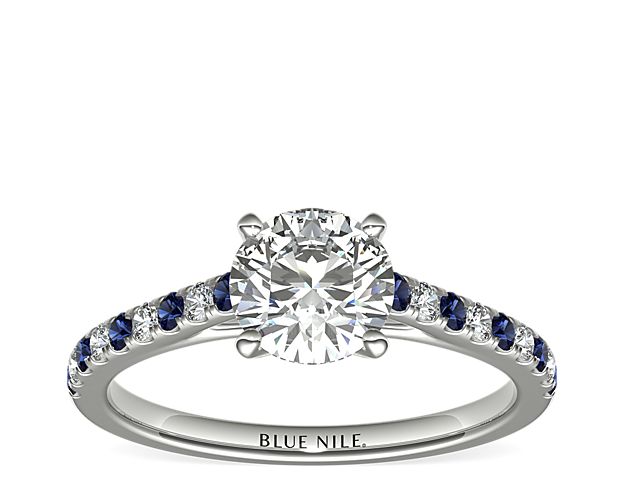 This striking 14k white gold setting features alternating micropavé sapphires and round diamonds; the perfect complement to your choice of center diamond.