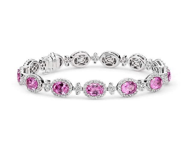 Extraordinary Collection: Pink Sapphire and Pavé Diamond Halo Bracelet in 18k White Gold (7x5mm)