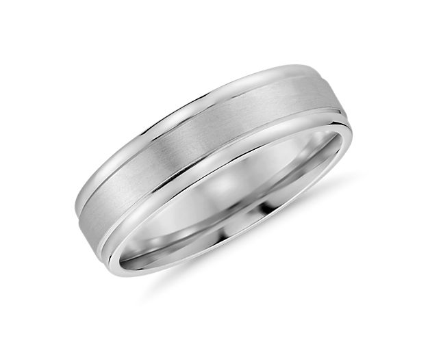 You'll love the subtle detail of this brushed inlay wedding ring. Crafted in brightly polished 14k white gold with a brushed finish center band, this timeless ring features curved inner edges for endlessly comfortable wear.