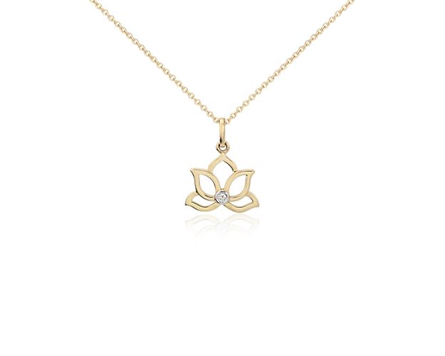 Suspended from a delicate cable chain, this symbolic petite lotus flower pendant in 14k yellow gold is accented by a single round brilliant cut diamond for a touch of sparkle.  The chain can be fastened at either 16" or 18" for everyday versatility.
