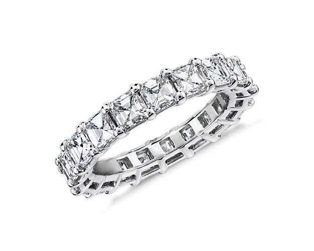 A dazzling circle of 4 ct. tw. Asscher-cut diamonds sets this stunning platinum eternity ring apart and makes it an ideal wedding ring or anniversary gift.