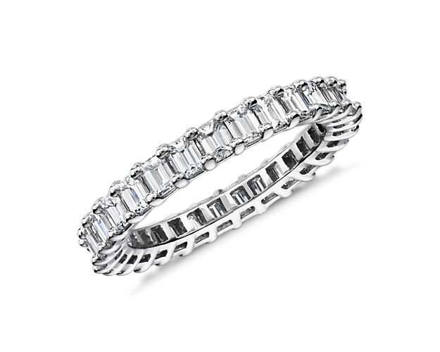 A continuous circle of emerald-cut diamonds gives this 2 ct. tw. eternity ring a modern sophistication. Works beautifully as a wedding ring or anniversary gift. Add it to a stack of other eternity rings for an on-trend right hand look.