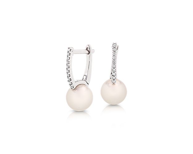 Freshwater Cultured Pearl Huggie Earrings with Diamond Detail in 14k White Gold (7.5-8mm)