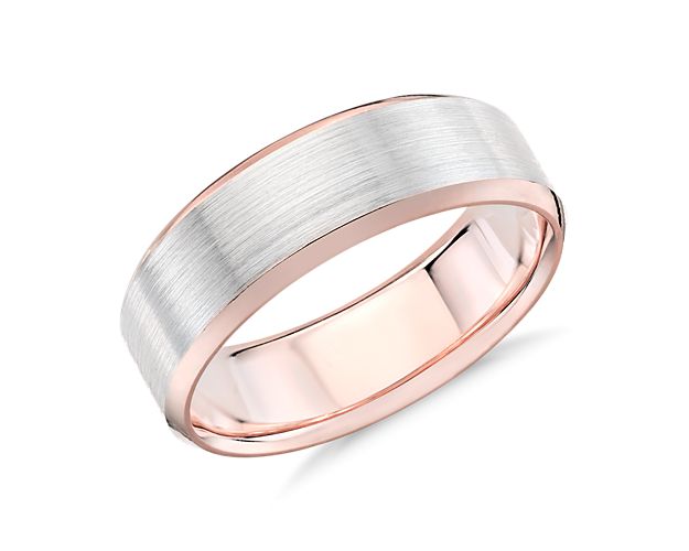 Solidify your love with this symbolic 14k white and rose gold wedding ring, showcasing a classic lathe emery finish and spun beveled edges.