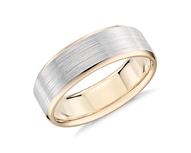 Solidify your love with this symbolic 14k white and yellow gold wedding ring, showcasing a classic lathe emery finish and spun beveled edges