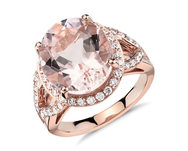 Morganite And Diamond Halo Ring In 18k Rose Gold