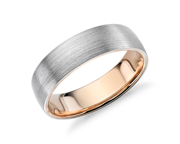 This two-tone wedding band features a brushed platinum exterior and polished 18k rose gold interior for a modern, contemporary look.