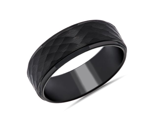 Constructed for your comfort, this handsome black band is made of wear-resistant tungsten carbide and features lowered, polished edges, a smooth and comfortable interior, and a unique, satin-finished and hammered texture.