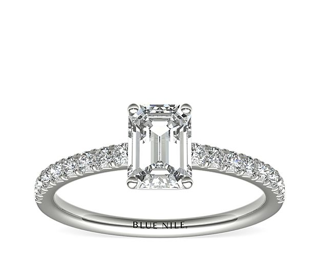 Eyes will be fixated on this immaculate platinum diamond engagement ring, showcasing French pavé-set diamonds that complement your choice of center diamond.