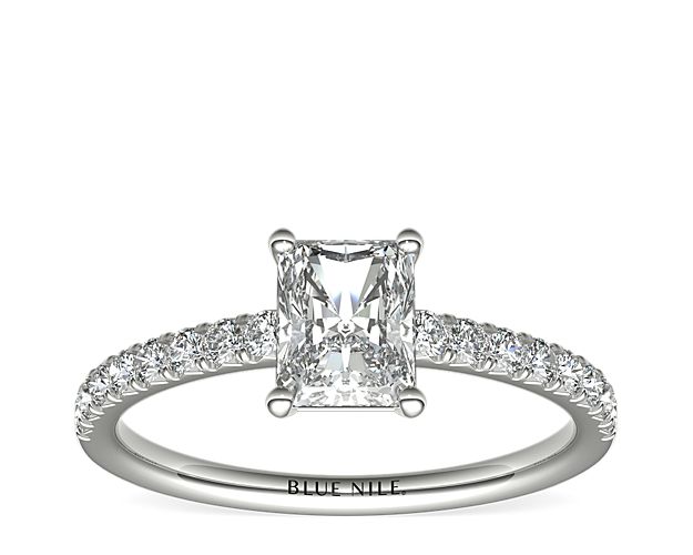 Eyes will be fixated on this immaculate 14k White Gold diamond engagement ring, showcasing French pavé-set diamonds that complement your choice of center diamond.